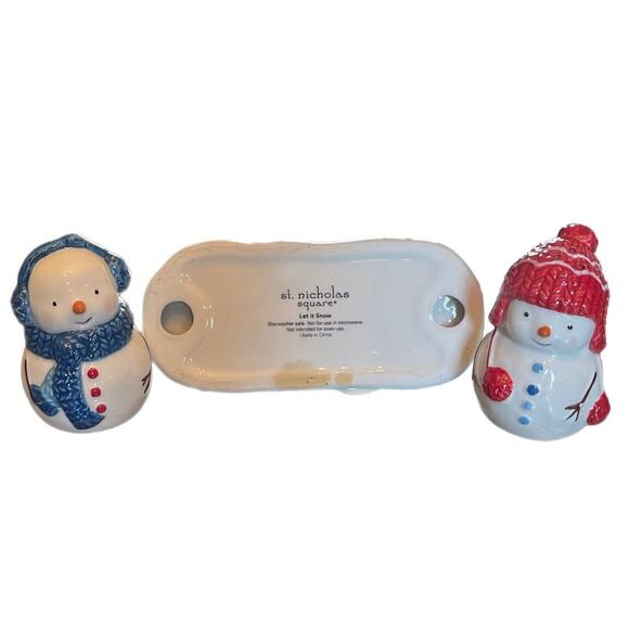 St Nicholas Square Let It Snow Snowman Salt & Pepper Shakers With Stand GUC 3 PC - Picture 5 of 9